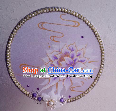 Traditional Chinese Classical Printing Purple Silk Palace Fans Hanfu Bride Round Fan for Women
