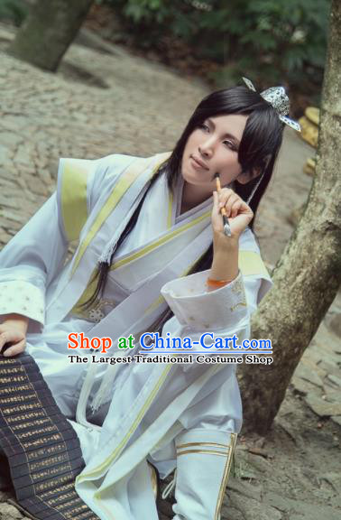 Traditional Chinese Cosplay Swordsman White Clothing Ancient Nobility Childe Costume for Men