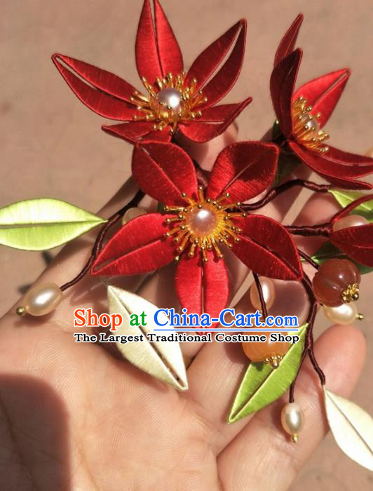 Traditional Chinese Hanfu Palace Red Flowers Hairpins Ancient Princess Hair Accessories for Women