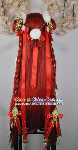 Traditional Chinese Cosplay Fairy Red Wigs Sheath Ancient Female Swordsman Chignon and Hair Accessories for Women