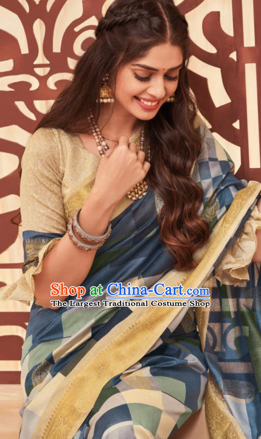 Asian Traditional Indian National Blue Cotton Sari Dress India Lehenga Bollywood Costumes for Women