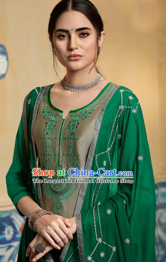 Traditional Indian Punjab Grey Satin Blouse and Green Pants Asian India National Costumes for Women