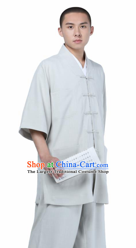 Traditional Chinese Monk Costume Meditation Light Grey Shirt and Pants for Men