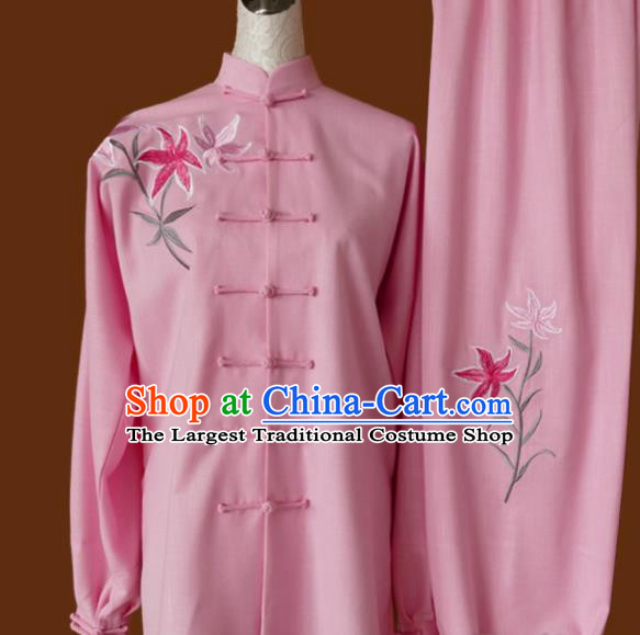 Chinese Traditional Tai Chi Embroidered Orchid Pink Uniform Kung Fu Group Competition Costume for Women