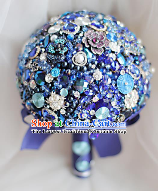 Top Grade Wedding Bridal Bouquet Hand Blue Crystal Flowers Bunch for Women