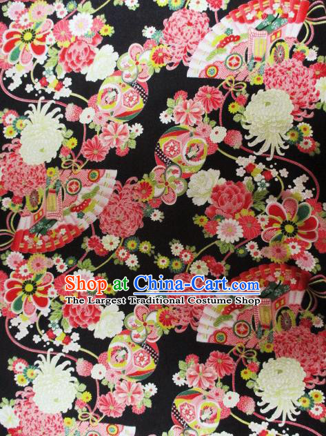 Asian Traditional Classical Chrysanthemum Fan Pattern Black Tapestry Satin Brocade Fabric Japanese Kimono Silk Material