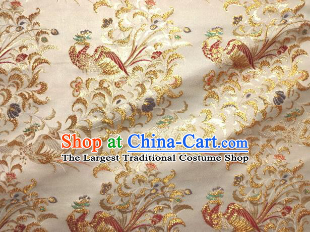 Asian Japanese Traditional Classical Phoenix Pattern White Brocade Baldachin Fabric Kimono Tapestry Satin Silk Material