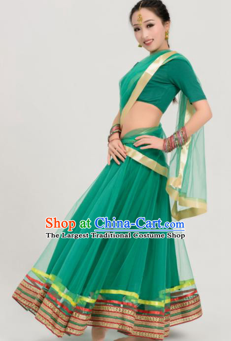 Asian India Traditional Bollywood Belly Dance Costumes South Asia Indian Princess Sari Green Veil Dress for Women