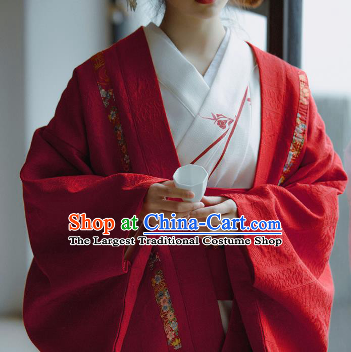 Japanese Handmade Kimono Red Haori Costume Japan Traditional Jacket for Women