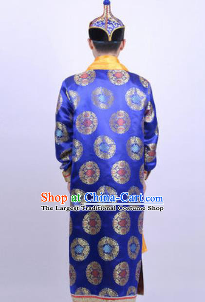 Chinese Mongol Nationality Ethnic Costume Traditional Minority Folk Dance Stage Performance Blue Robe for Men