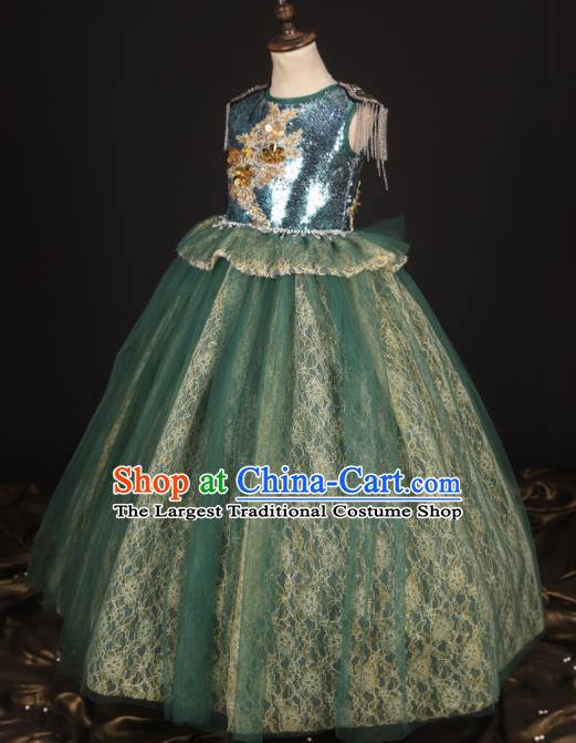 Professional Girls Modern Fancywork Green Lace Dress Catwalks Compere Stage Show Costume for Kids