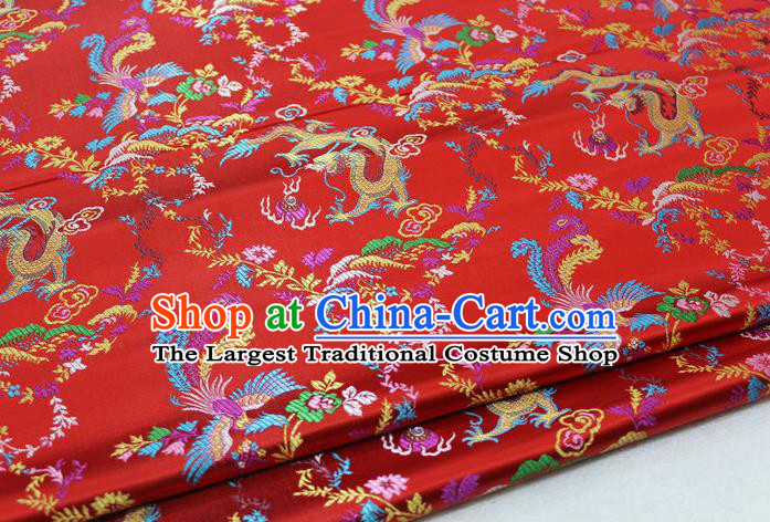 Asian Chinese Traditional Classical Dragon Phoenix Pattern Red Brocade Tang Suit Satin Fabric Material Classical Silk Fabric