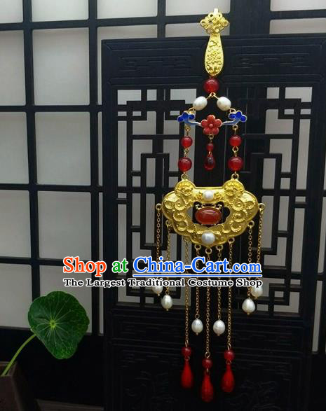 Traditional Chinese Ancient Agate Golden Brooch Handmade Hanfu Palace Breastpin Tassel Pendant for Women
