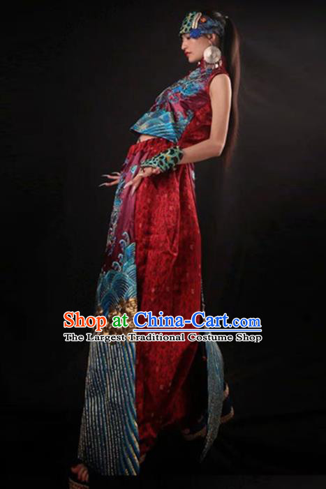 Chinese Traditional National Costume Embroidered Red Cheongsam Tang Suit Qipao Dress for Women