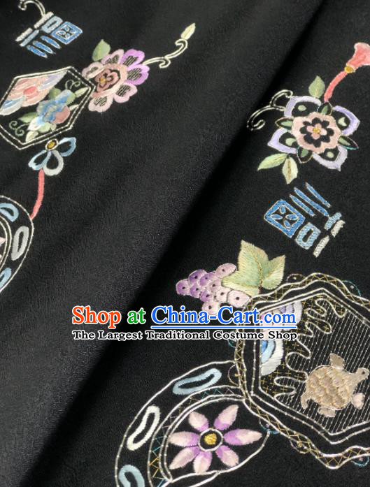 Traditional Chinese Satin Classical Embroidered Longevity Pattern Design Black Brocade Fabric Asian Silk Fabric Material