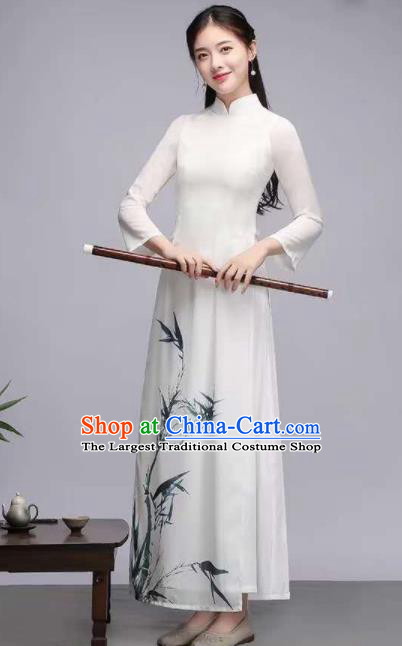 Asian Vietnam Traditional Printing Bamboo White Dress Vietnamese Classical Ao Dai Cheongsam for Women