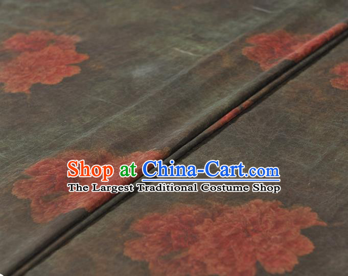 Chinese Traditional Peony Flowers Pattern Design Olive Green Gambiered Guangdong Gauze Asian Brocade Silk Fabric