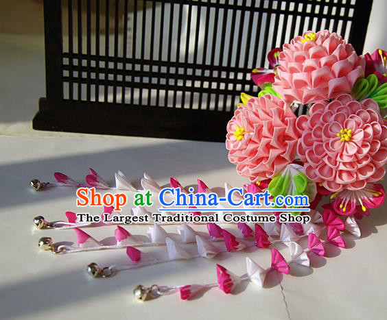 Japanese Geisha Kimono Pink Peony Bells Tassel Hairpins Traditional Yamato Hair Accessories for Women