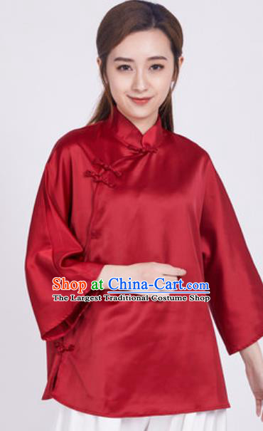 Chinese Tang Suit Red Flax Slant Opening Blouse Traditional Tai Chi ...