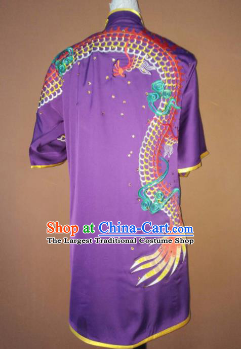 Best Martial Arts Competition Embroidered Dragon Purple Costume Chinese Traditional Kung Fu Tai Chi Training Clothing for Men