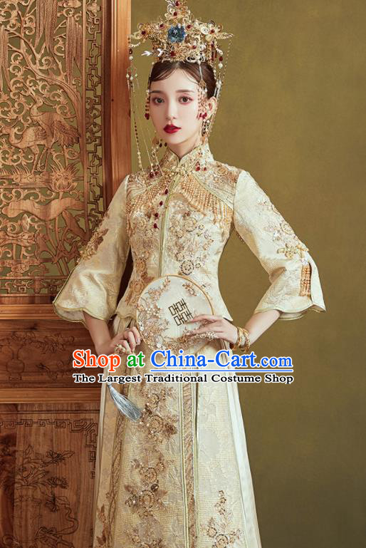 Chinese Traditional Embroidered Wedding Light Golden Xiu He Suit Blouse and Dress Ancient Bride Costumes for Women