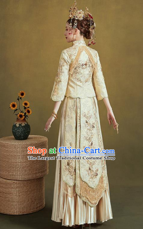 Chinese Traditional Embroidered Wedding Light Golden Xiu He Suit Blouse and Dress Ancient Bride Costumes for Women