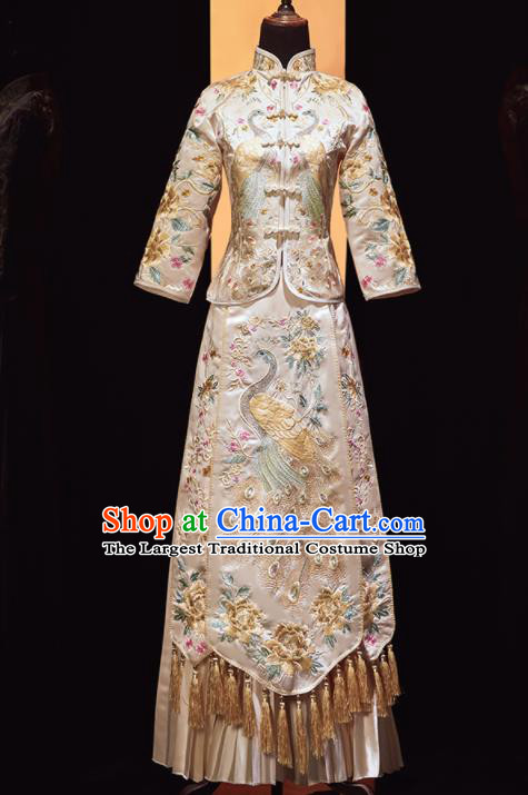 Chinese Traditional Xiu He Suit Wedding Embroidered Peacock White Blouse and Dress Bottom Drawer Ancient Bride Costumes for Women