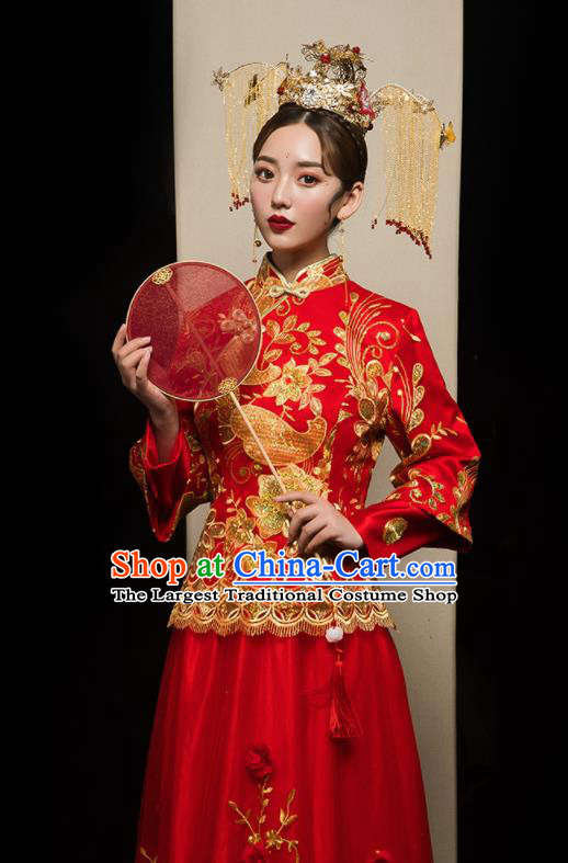 Chinese Traditional Xiu He Suit Wedding Embroidered Red Veil Blouse and Dress Bottom Drawer Ancient Bride Costumes for Women