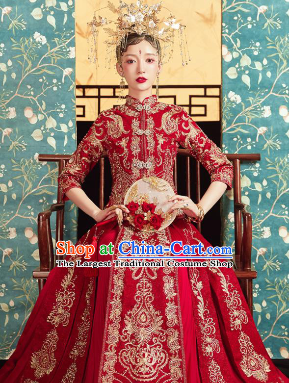 Chinese Traditional Wedding Bottom Drawer Embroidered Red Blouse and Dress Xiu He Suit Ancient Bride Costumes for Women