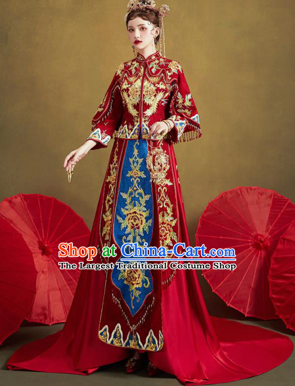 Chinese Traditional Wedding Embroidered Peony Blouse and Trailing Dress Red Bottom Drawer Xiu He Suit Ancient Bride Costumes for Women
