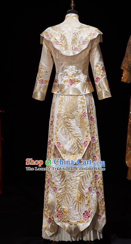 Chinese Ancient Embroidered Phoenix Peony Light Golden Blouse and Dress Traditional Bride Xiu He Suit Wedding Costumes for Women