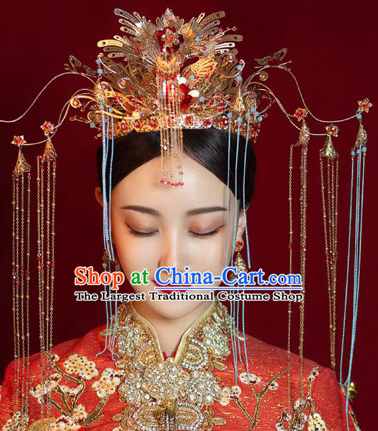 Chinese Ancient Bride Luxury Phoenix Coronet Tassel Hairpins Traditional Wedding Xiu He Hair Accessories Complete Set for Women