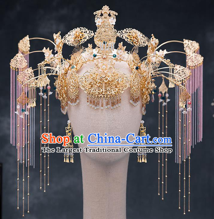 Chinese Traditional Bride Golden Phoenix Coronet Handmade Hairpins Wedding Hair Accessories for Women