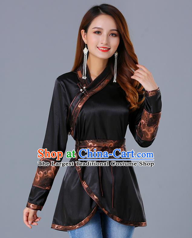 Traditional Chinese Ethnic Woman Black Blouse Apparels Mongol Minority Upper Outer Garment Mongolian Nationality Informal Costume