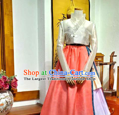 Korean Traditional Wedding White Brocade Blouse and Pink Dress Korea Fashion Bride Costumes Hanbok Apparels for Women