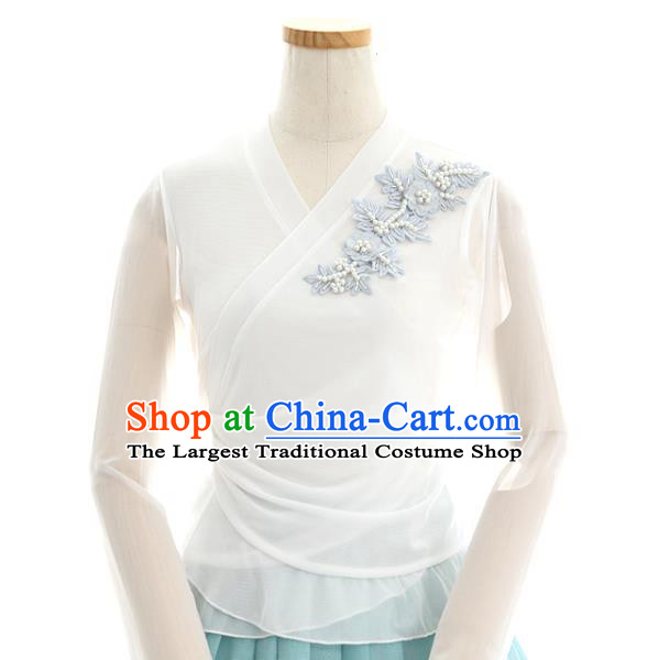 Korean Woman Traditional White Veil Blouse and Light Blue Skirt Korea Dance Fashion National Costumes Hanbok Apparels