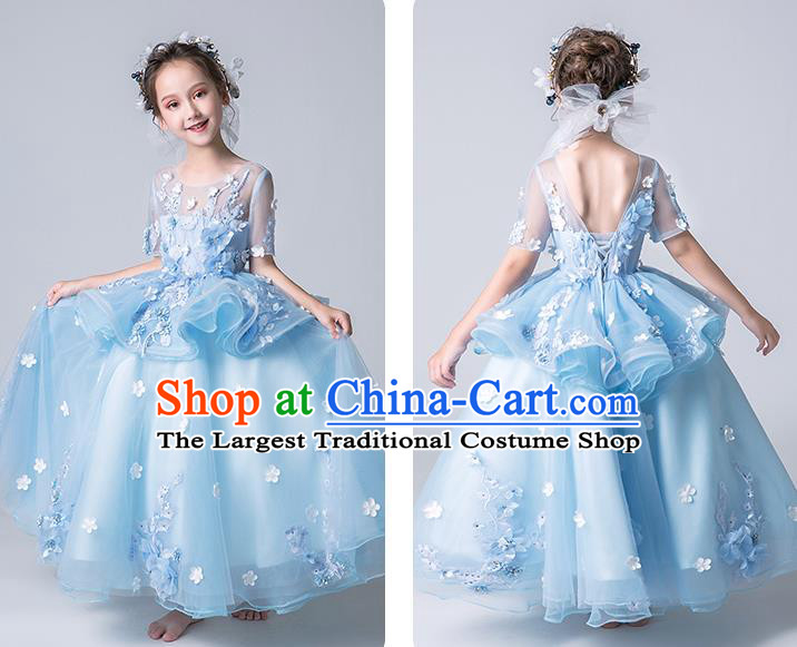 Top Grade Catwalks Blue Flowers Full Dress Children Birthday Costume Stage Show Girls Compere Veil Dress