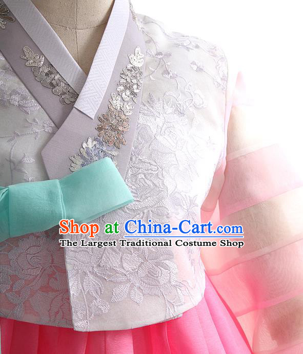 Korean Traditional Wedding Grey Lace Blouse and Rosy Dress Korea Fashion Bride Costumes Hanbok Apparels for Women
