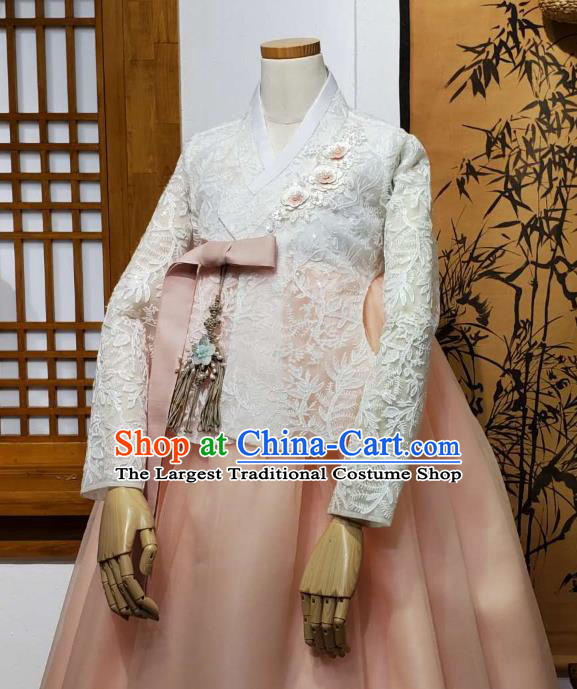 Korean Traditional Wedding White Lace Blouse and Pink Dress Korea Fashion Bride Costumes Hanbok Apparels for Women