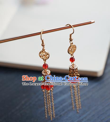 Handmade Chinese Women Golden Tassel Ear Accessories Classical Hanfu Red Beads Earrings