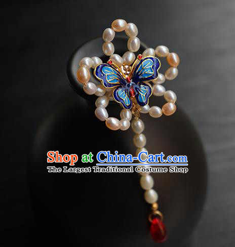 Chinese Classical Hanfu Pearls Hair Accessories Handmade Ancient Princess Blueing Butterfly Hairpin for Women