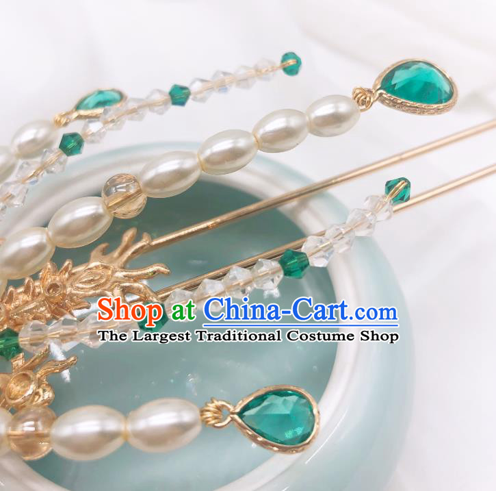 Chinese Classical Court Pearls Tassel Hair Clip Women Hanfu Hair Accessories Handmade Ancient Empress Green Crystal Phoenix Hairpins
