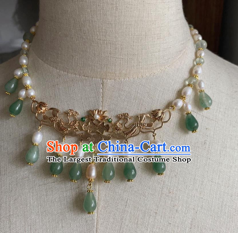 Chinese Handmade Green Beads Tassel Necklet Classical Jewelry Accessories Ancient Hanfu Golden Phoenix Necklace for Women