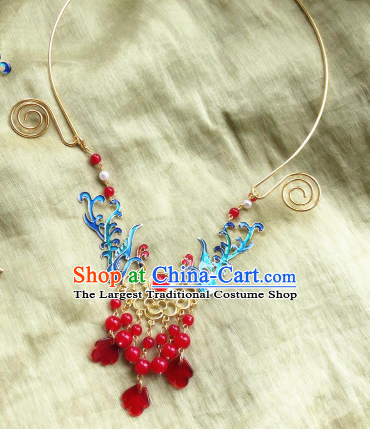 Chinese Handmade Red Beads Tassel Necklet Classical Jewelry Accessories Ancient Hanfu Blueing Phoenix Necklace for Women