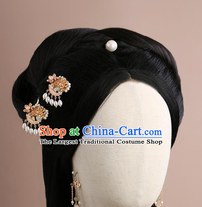 Chinese Classical Palace Chrysanthemum Hair Sticks Handmade Hanfu Hair Accessories Ancient Ming Dynasty Princess Golden Pearls Hairpins