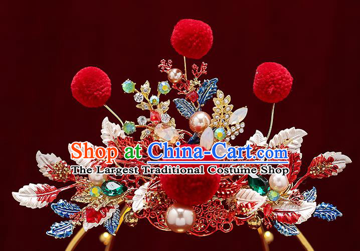 Chinese Classical Wedding Red Venonat Hair Crown Handmade Hair Accessories Ancient Bride Hairpins Hair Comb Complete Set