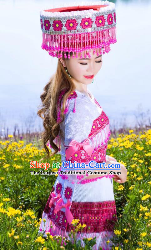 China Yunnan Ethnic Rosy Beads Tassel Blouse and Short Pleated Skirt Miao Minority Folk Dance Costume with Headwear