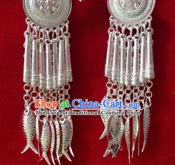 China Hmong Minority Bride Ear Accessories Guizhou Handmade Miao Ethnic Argent Fishes Tassel Earrings
