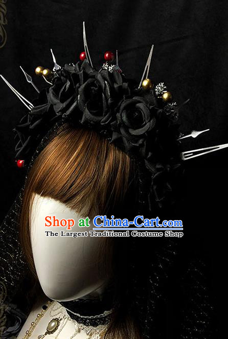Halloween Cosplay Black Roses Royal Crown Handmade Hair Accessories Stage Show Gothic Princess Headwear