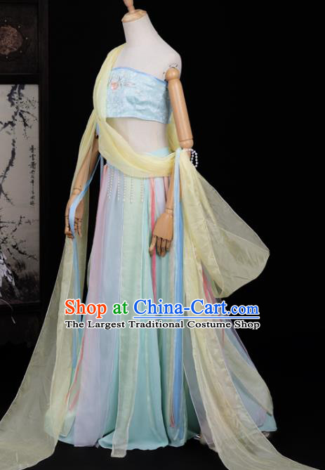 Chinese Cosplay Classical Dance Costumes Ancient Dunhuang Flying Apsaras Blue Hanfu Dress Top and Skirt for Women